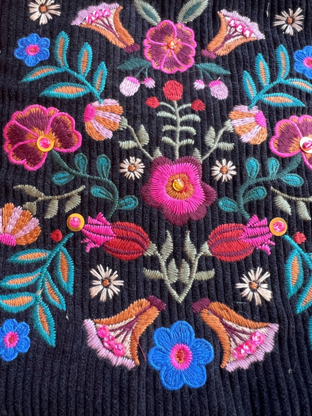 NATURAL LIFE Embroidered Black Corduroy Boho Crossbody Bag Folk Flower Purse - Picture 9 of 12